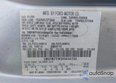 2004 Mercury Grand Marquis Ls z USA, uszkodzony, nr VIN 2MEFM75W34X646238